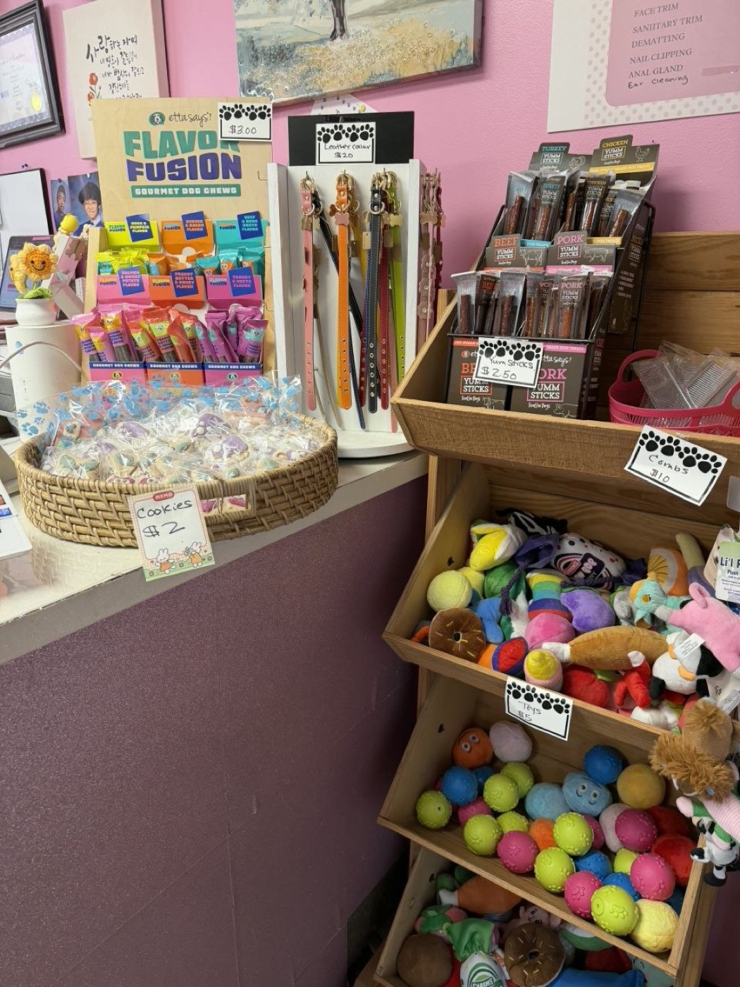 The counter at Bows N Paws with cookies in a basket, Flavor Fusion chews, a rack of leather collars, Yumm Sticks, and bins of plush toys and rubber balls